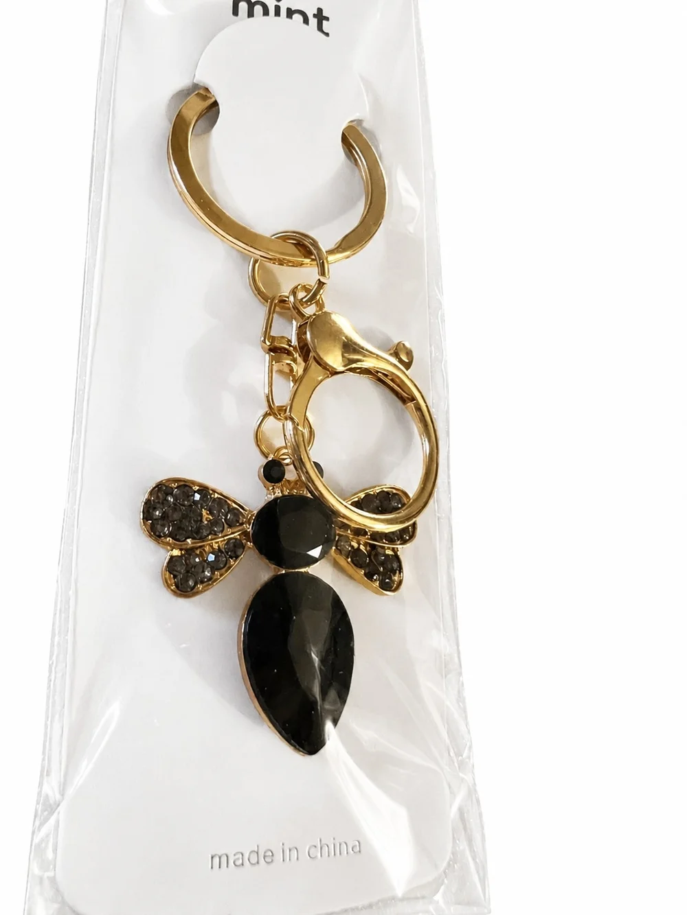 Mint Gold-Tone Keyring with Black Crystal Bee Charm